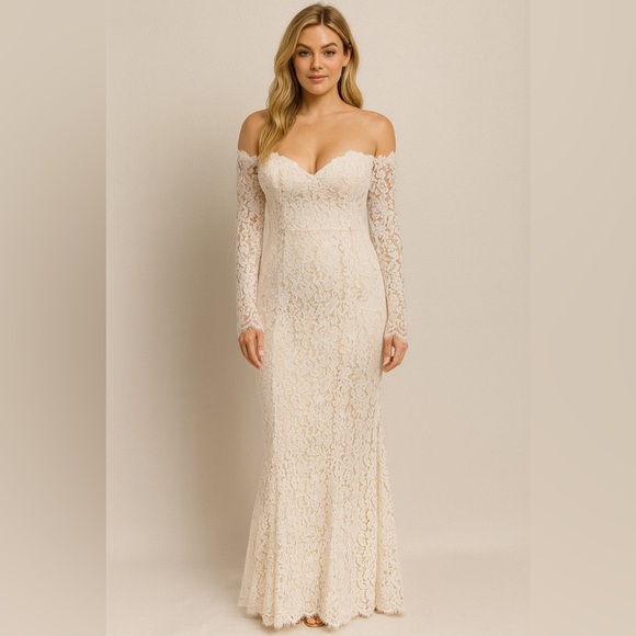 Lulus Dresses & Skirts - LULU’S Lace Sheath Off-White Floor length Off The Shoulder Wedding Dress, NWT!